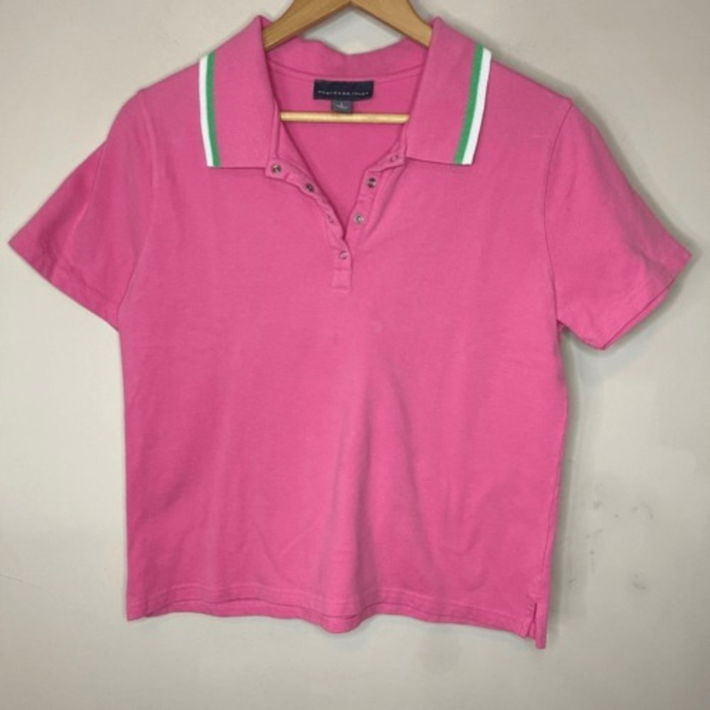 Vintage NORTHERN ISLES Women's Pink Polo Green & White Accent Stripe Collar, LG